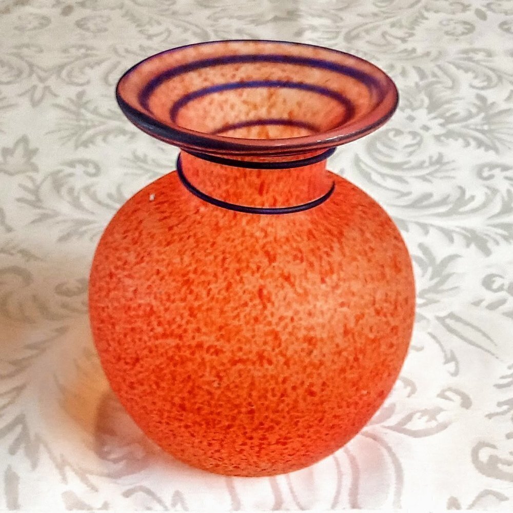 Handblown Mottled Orange Blue Swirl Art Glass Vase